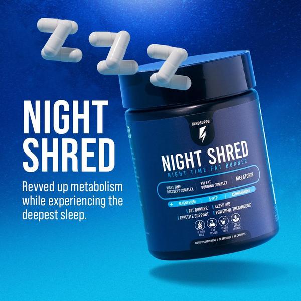 A 1:1 square ad creative for Night Shred featuring product-centric visual cues that link sleep improvement with metabolic fat burning.